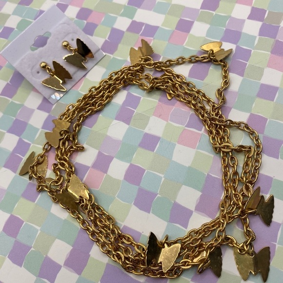 SARAH COVENTRY Butterfly Chain Necklace & Earrings Set Gold Tone Long Necklace - Picture 2 of 10